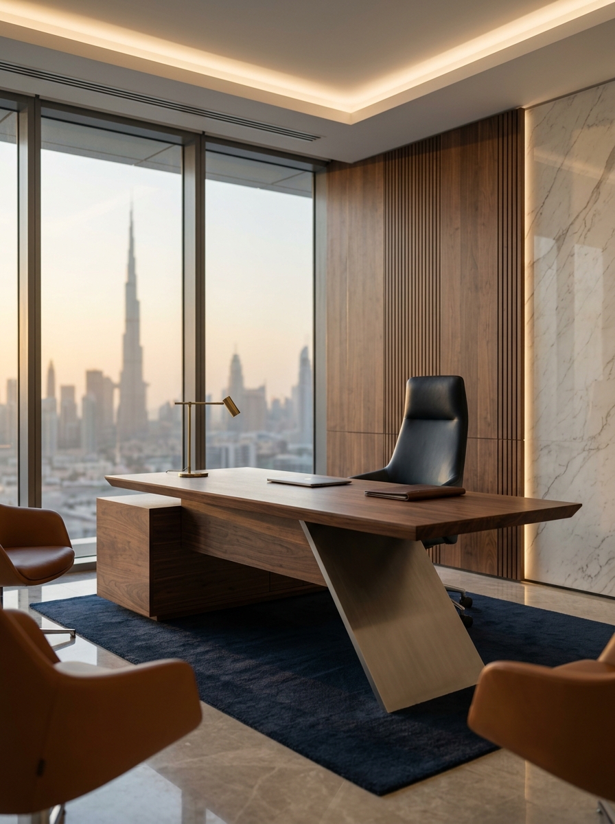 Ahmed Khouri Monarch Executive Suite — walnut executive desk, brushed steel, Italian leather
